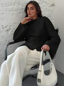 Aloruh Scoop Neck Long Bell Sleeve Crop Ruched Shirt For Women, Office Wear, Apricot Color - Black - View 6