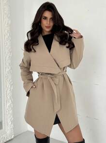 SHEIN Privé Women's Elegant Fashion Spring/Summer New Arrivals Lapel Collar Asymmetrical Hem Trench Coat,Popular Thin Trench Coats, Asymmetrical Hem Trench Coats, Lightweight Trench Coats, Teacher Jackets, Work Jackets, Suitable For Spring Outings,Spring Break - Camel - View 1