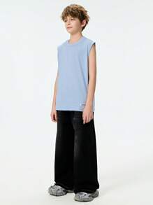 SHEIN 1pc Tween Boy Crew Neck Sleeveless Light Blue Tank Top, Suitable For Casual Wear In Spring And Summer Seasons