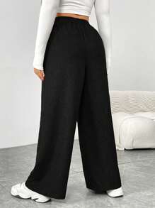 SHEIN Essnce Plus Size Women's Spring And Summer Fashion Casual Loose Daily Comfortable Retro Black Elastic Waist Wide Leg Pants,Women Bottom,Work Pants,Fall,Old Money,Vintage Pants