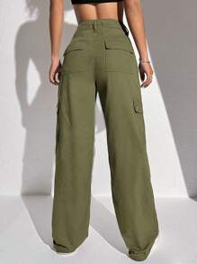 SHEIN EZwear 女式实用口袋直筒宽松休闲百搭牛仔裤 - 軍綠色 - 查看 2