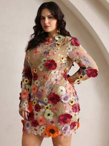 Anewsta 大码女式花卉刺绣修身迷你连衣裙，优雅春季 - 杏色 - 查看 4