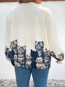 EMERY ROSE 大码女式猫咪图案长袖单排扣休闲宽松开衫，秋冬 - 彩色 - 查看 2