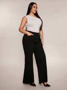 SHEIN BAE Mono de punto elástico con pliegues en color albaricoque para mujer talla grande, ideal para graduación/ir al trabajo - Albaricoque - Ver 7