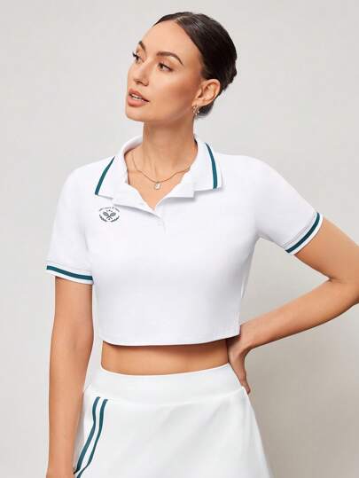 Activina Women Casual Contrast Trim Cropped Polo Shirt