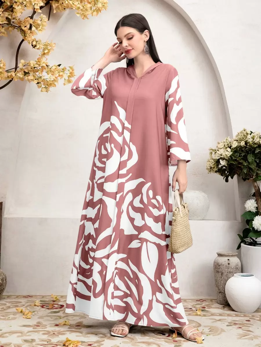 Seusyu Women Floral Print Long Sleeve Hooded Casual Arabian Dress,Modest - Pink - View 1