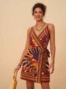 Travachic Women's Holiday Casual Tropical Print Tie Wrap Cami Mini Dress,Beach Women Outfits,Western Wear Women, Sun Dresses For Women Women Mini Dresses,Vacation