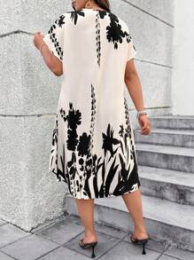 EMERY ROSE Plus Size Women Floral Print Round Neck Batwing Sleeve Casual Dress - Apricot - View 2