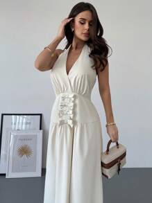 SHEIN Privé Elegante romantische sexy V-hals strik A-lijn lange jurk, mode voor date, feest en Valentijnsdag