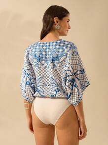 CAJUNI 女士波西米亚蓝白格子、鹦鹉和椰子树印花、热带卡里奥卡度假休闲 V 领紧身衣