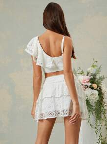 L'Amorae Romantic Spring Summer Ruffle One Shoulder Lace Detail Crop Top