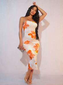 SHEIN SXY Abito aderente tubino con stampa floreale, elegante, per vacanze, appuntamenti hawaiani serali, schiena scoperta, estivo - Arancia Bruciata - Visualizzare 4