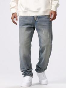 Manfinity Homme Men's Straight Leg Distressed Pocket Casual Versatile Jeans - Light Wash - View 7