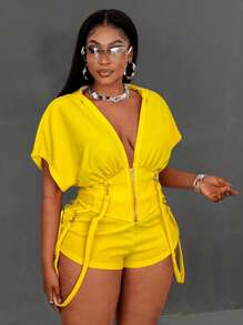 Maweii 加上蝙蝠袖连帽上衣和吊袜带细节系带短裤 - 黃色 - 查看 6