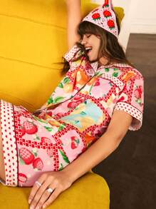 Conjunto de Pijama Feminino com Estampa de Frutas em Toda a Peça, Estilo INS, Moda - Multicolorido - Visão 4