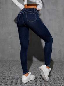 SHEIN PETITE Women's Casual Skinny Jeans With Pockets, Versatile - Dark Wash - View 2