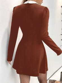 SHEIN EZwear Women's Pointed Collar Long Sleeve Contrast Color Mini Dress, Fashionable - Brown - View 2