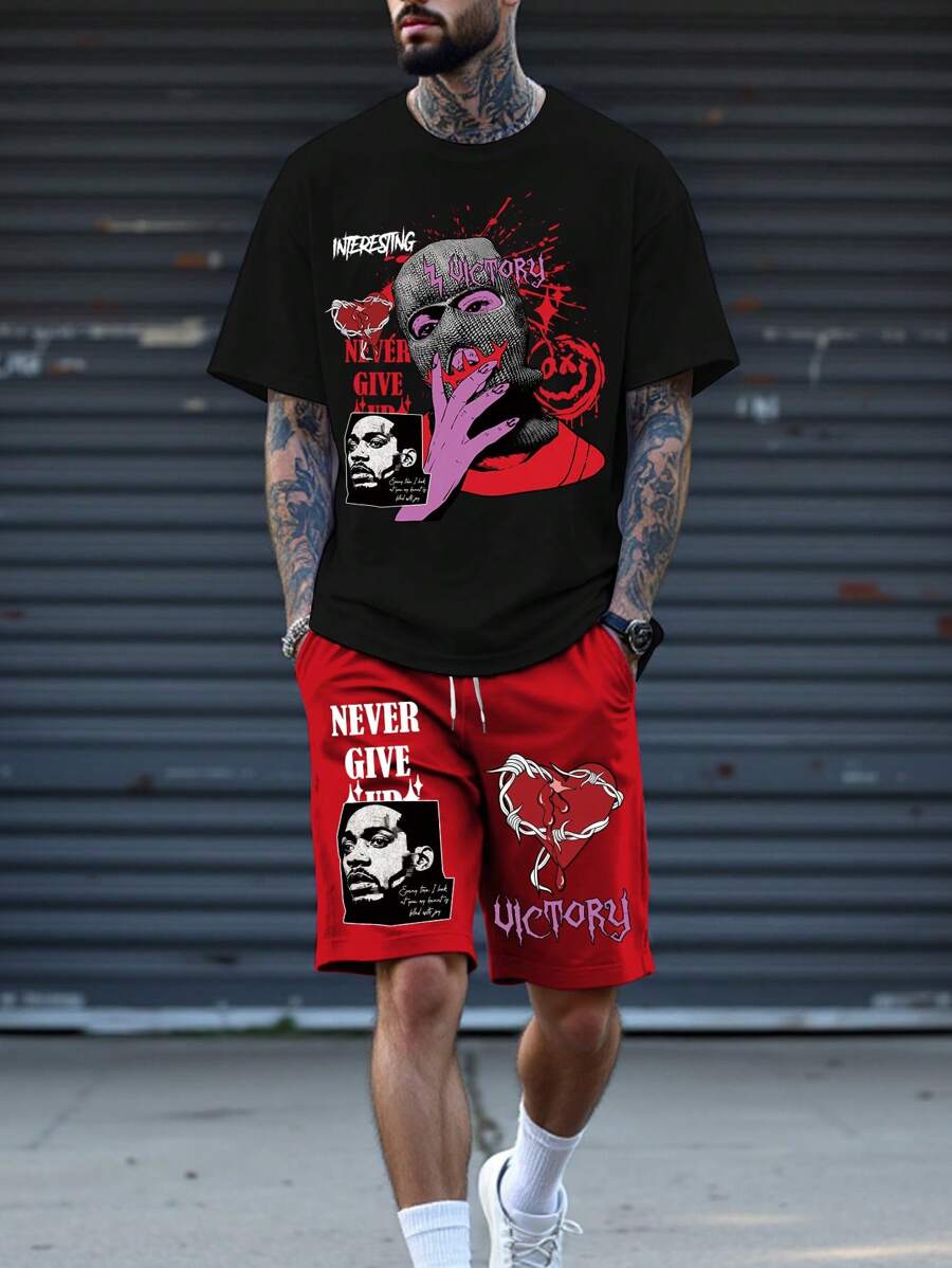 Manfinity EMRG 男士休闲年轻街头风格印花 T 恤和短裤套装