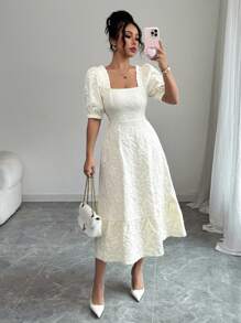Elenzga Gaun Wanita Polos Motif Bunga Daisy Jacquard dengan Pinggang Berkerut, Elegan untuk Sehari-hari & Liburan, Lengan Mengembang - Aprikot - View 3