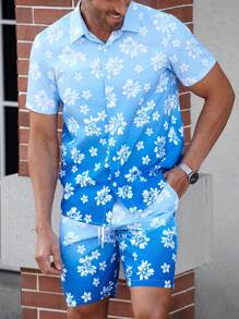 Manfinity RSRT Set de 2 piezas de camisa de manga corta con botones delanteros y estampado floral, y pantalones cortos para hombre