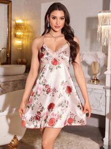 LuxeNights 女士时尚花卉仿丝蕾丝花边吊带睡袍娃娃装奢华家居服 - 彩色 - 查看 4