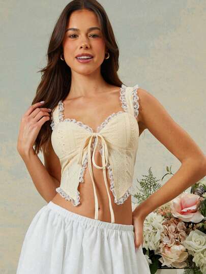 L'Amorae 夏季休闲拼色蕾丝边系带开衩下摆吊带背心