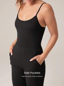 GLOWMODE 30" Modal Flex It Flare-Leg Double Strap Active Jumpsuit Bodysuit With Side Pockets Low Impact Yoga Daily Casual Removable Cups Spring Summer - Black - View 5