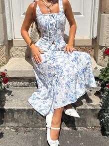 SHEIN Essnce 2 Pieces Set: Ditsy Floral French Style Camisole And A-Line Skirt For Women, Spring/Summer