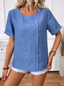 SHEIN LUNE 女士休闲节日拼色条纹仿亚麻短袖纽扣装饰圆领衬衫，春夏 - 藍色 - 查看 5