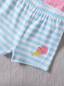 3pcs/Set Young Girl Toddler Round Neck Knit Vest With Ice Cream Print & Shorts, Multicolor Combination Innerwear Set For Spring/Summer
