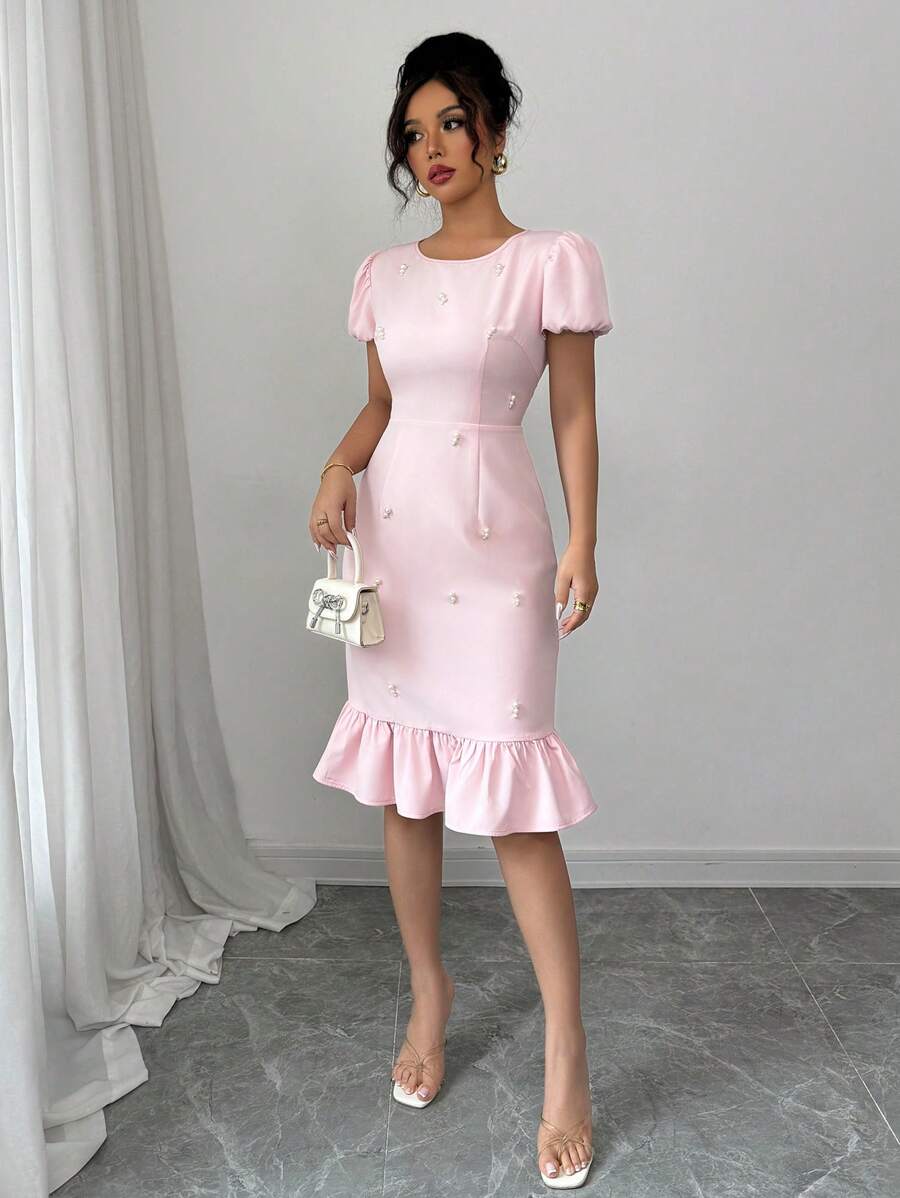 Selianne Women's Standard Size Round Neck Puff Sleeve Ruffle Trim Bead Embellished Waist Elegant Dress - Pink - View 1