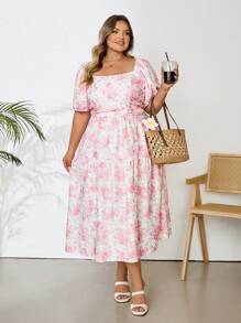 SHEIN CURVE+ Plus Size Women's Asymmetrical Flowers With Pink And White Prints, Holiday Women's Long Dresses, Parties, Milkers, Romantic Long Dresses For Spring/Summer Boho Vacation