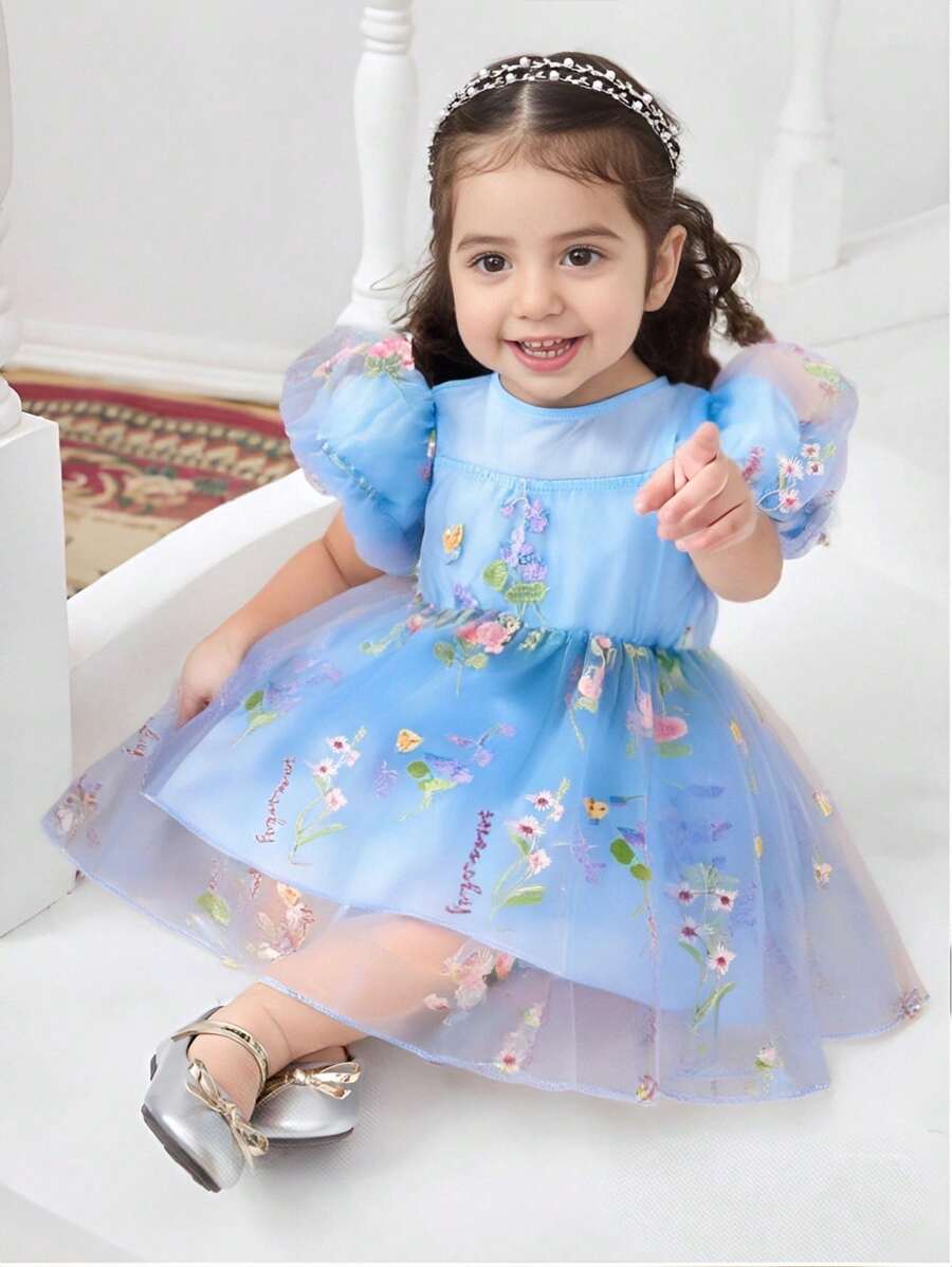SHEIN 女婴幼儿 0-3 岁春夏奢华公主裙，花卉刺绣网纱薄纱泡泡袖派对正式活动礼服，适合生日婚礼花童