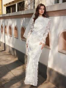 Ontre 2022 新款女士浪漫优雅 3D 花卉蕾丝白色春季 X 线连衣裙，立领，大下摆，长款女士连衣裙，带 3D 花朵 - 白色 - 查看 1