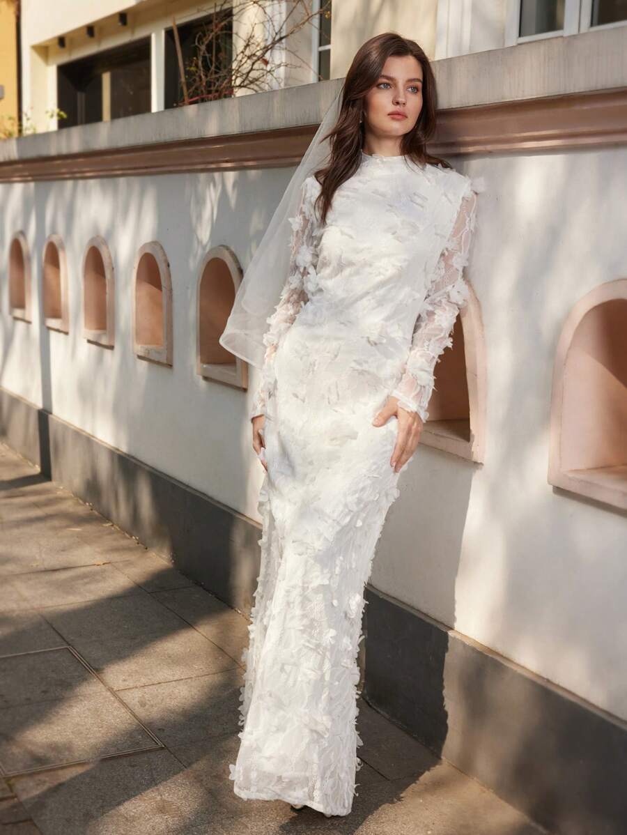 Ontre 2022 新款女士浪漫优雅 3D 花卉蕾丝白色春季 X 线连衣裙，立领，大下摆，长款女士连衣裙，带 3D 花朵 - 白色 - 查看 1