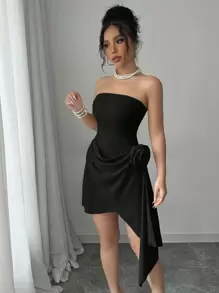 Elenzga 杏色露肩A字裙，收腰花卉点缀，优雅浪漫 - 黑色 - 查看 5