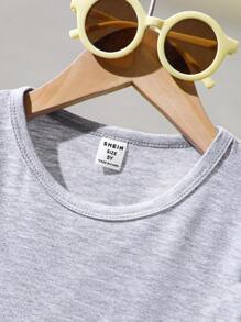 SHEIN 2 Pieces Set: Young Boys Animal & Train Graphic Grey Round Neck Short Sleeve T-Shirt + Blue & Yellow Plaid Pattern Printed Cinched Waist Casual Shorts, For Daily, Commute, Sports Wear - Multicolor - View 4
