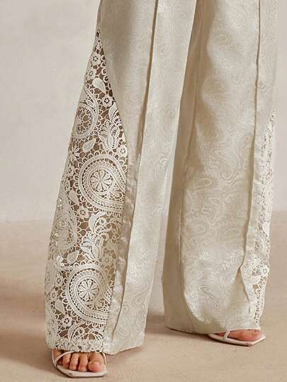 Anewsta 优雅度假风格中腰花卉印花蕾丝拼布缎面前长裤，节日外出