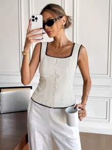 SHEIN Frenchy Áo cánh hở lưng buộc dây phía trước phối ren màu tương phản thanh lịch dành cho nữ, áo ngực cổ vuông, viền ren đen tương phản, nơ sau lưng, phong cách Old Money, vải có họa tiết phù hợp mặc hàng ngày, mùa xuân/hè - Nhiều màu - Xem 7