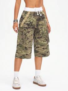 SHEIN ICON 街头风格迷彩中腰女式牛仔七分工装裤 - 軍綠色 - 查看 4