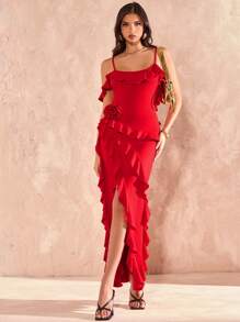 SHEIN BAE Spring/Summer Solid Red Asymmetrical Hem High Slit Multi-Layer Ruffle 3D Floral Decor Long Tank Dress, Vacation Dress, Bridesmaid Mini Dress, Valentine's Day Dress, Red Dress, Birthday Mini Dress