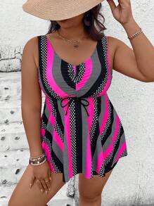 SHEIN Swim Lushore 2pcs Plus Size Women Beach Tankini Set, Random Print, Sleeveless, Slimming, High Waisted Bottoms, Casual & Stylish, Summer