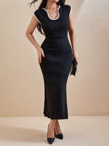 EURMUSE Women Solid Color Sleeveless Keyhole Neck Long Sweater Dress - Black - View 1