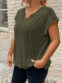 SHEIN Frenchy Summer Lace Splicing Vacation Plus Size V-Neck Tee With Cut-Out Details - Green - View 7