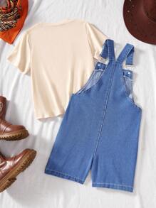 SHEIN 2pcs Set Young Boys Spring/Summer Wildeya New Styles, Medium Wash Denim Overalls Paired With Basic Beige T-Shirt, Casual Fashion Classic Outfit Suitable For Outdoor Activities And Daily Wear