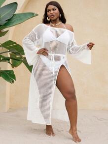 SHEIN Swim Plus Size Knit Crochet Long Cover Up, Suitable For Vacation For Summer