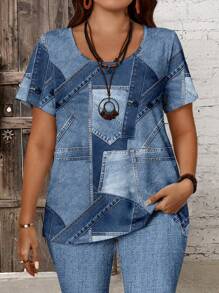 EMERY ROSE 2pcs/Set Plus Size Women Casual Patchwork Denim Effect T-Shirt And 3/4 Leggings Set, Summer