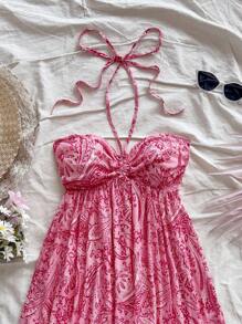 Soleia Hippie Women's Sleeveless Halter Neck Paisley Printed Dress,Sun Dress