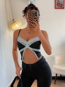 Chiquease 女士性感对比色蕾丝开摆吊带背心 - 黑色 - 查看 3