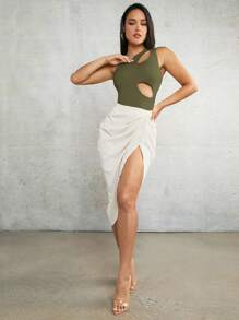 Silquee Áo ba lỗ không tay màu mơ, bó sát, co giãn, gợi cảm, một mảnh, khoét sâu - xanh quân đội - Xem 3